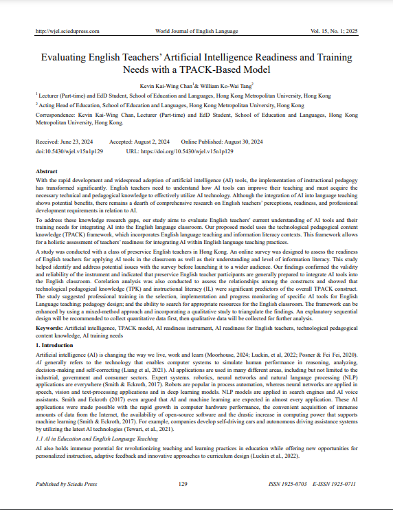 Evaluating English Teachers’ Artificial Intelligence Readiness and Training Needs with a TPACK-Based Model